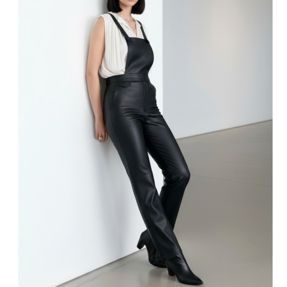 MAEVE x ANTHROPOLOGIE Faux Leather Overalls, Black, 4 (US)